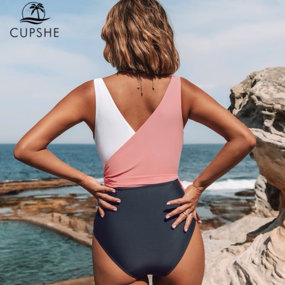 Cupshe Women's Pink & Blue  Block One Piece Swimsuit Plunging Knotted Monokini - Picture 6 of 6